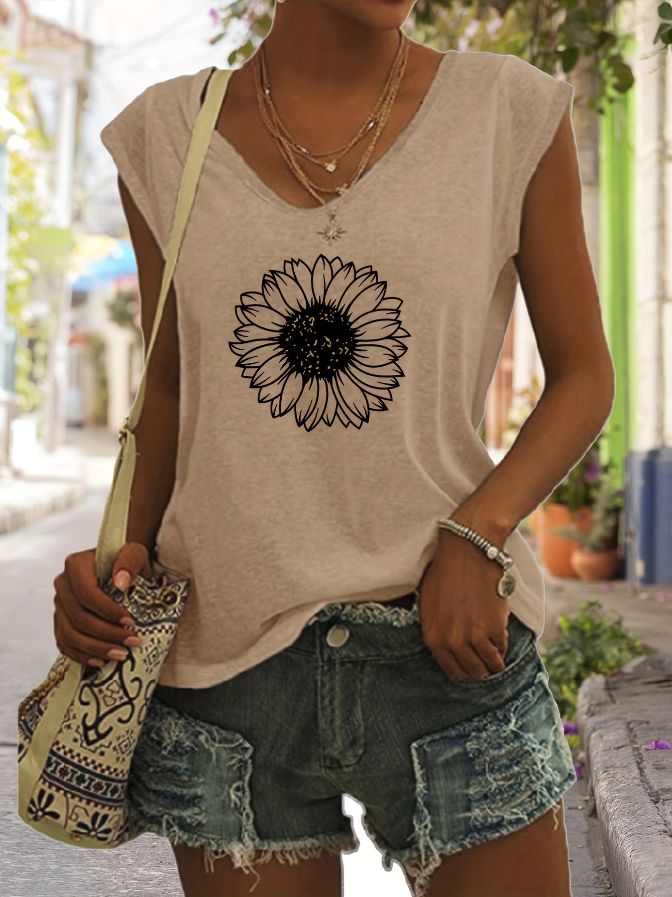 sunflower print v neck tank top casual sleeveless tank top for summer womens clothing details 8