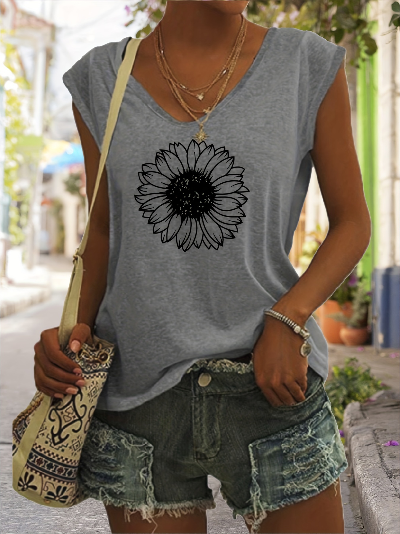 sunflower print v neck tank top casual sleeveless tank top for summer womens clothing details 12