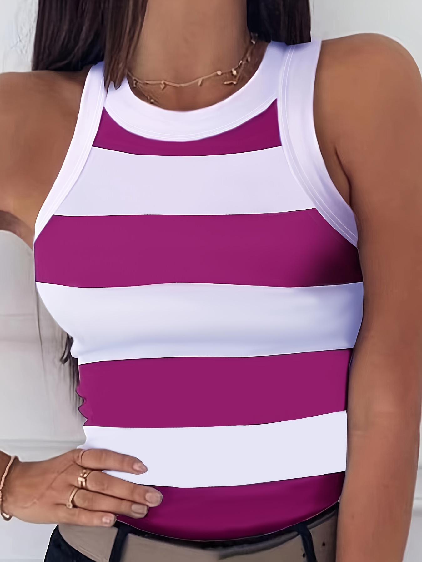 slim striped tank top sleeveless crew neck tank top casual every day tops womens clothing details 3