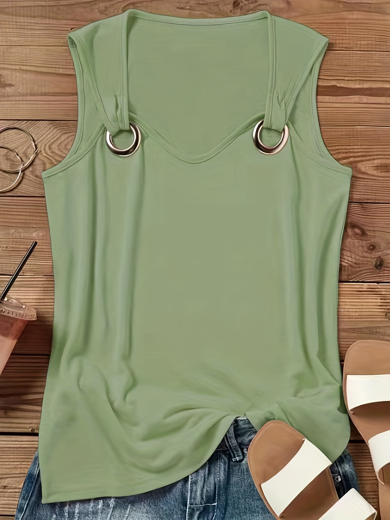 solid crew neck tank top casual sleeveless tank top for summer womens clothing details 2