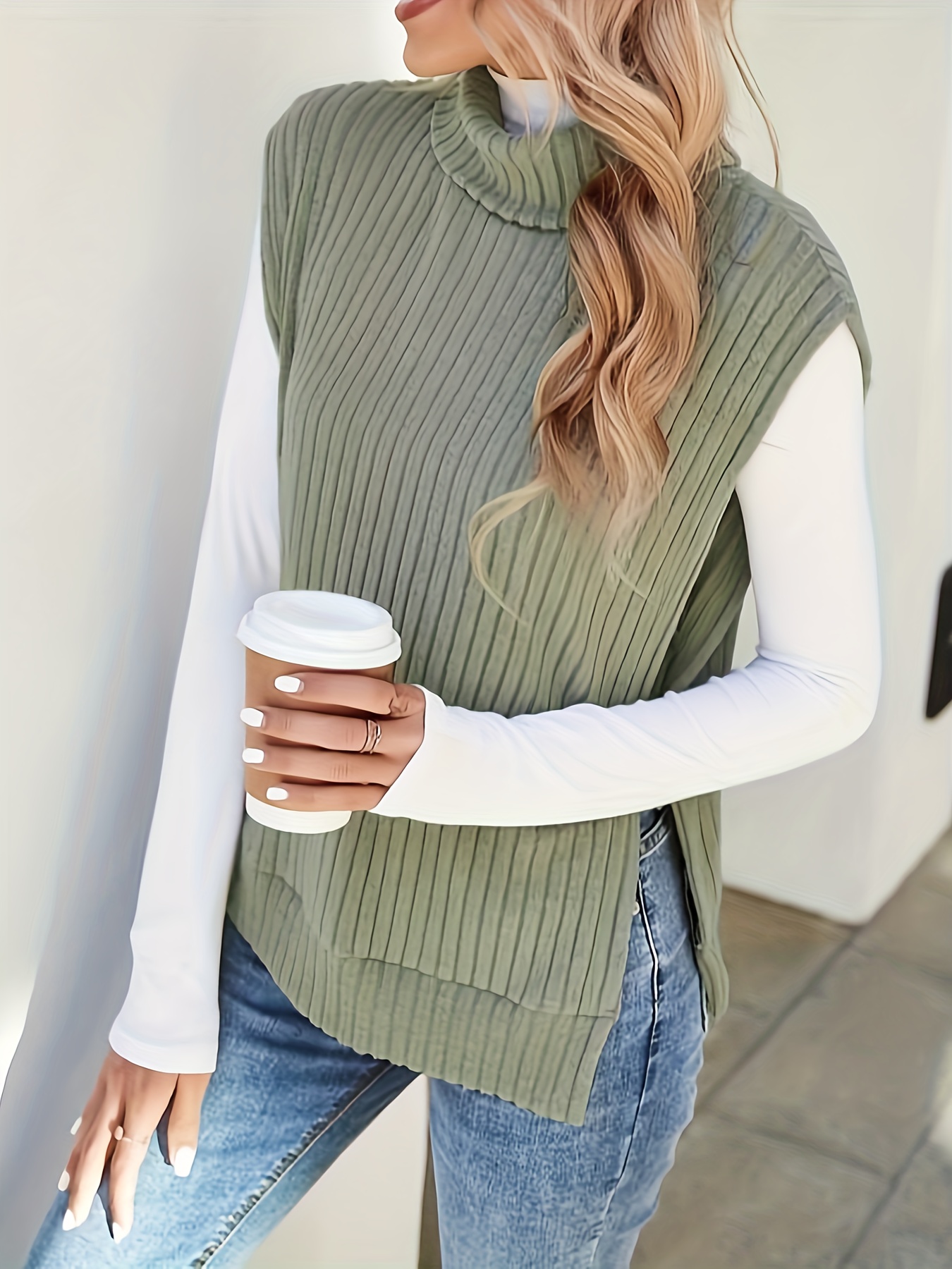 solid turtle neck rib knit vest casual split side sleeveless top womens clothing details 3