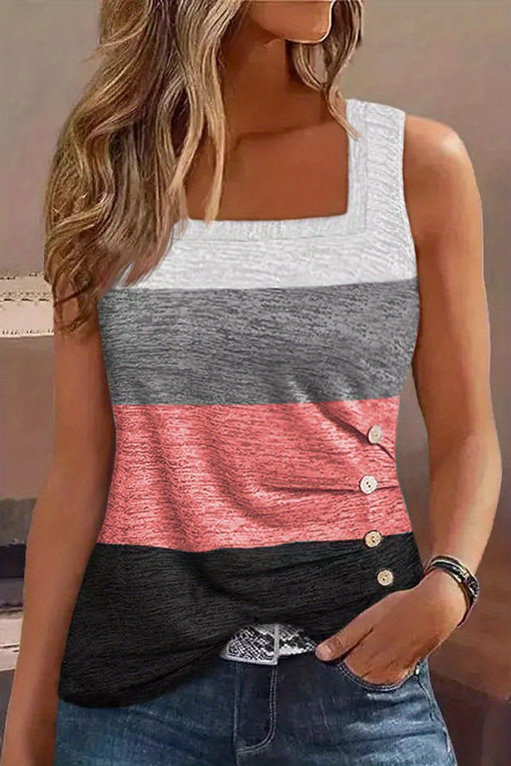 striped print square neck tank top casual sleeveless tank top for sumer womens clothing details 0