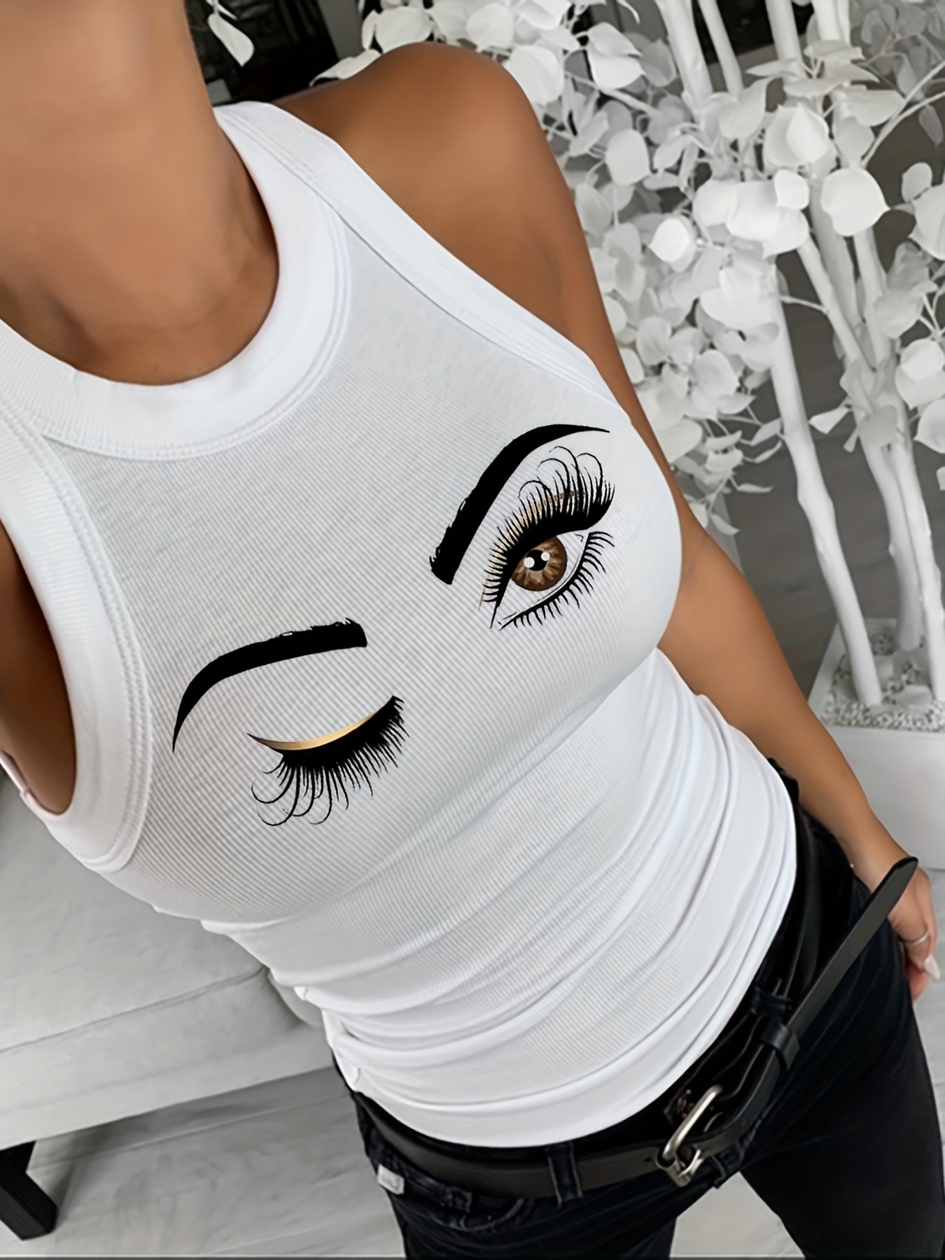 womens tank top eye print lashes graphic o neck tunic cami top details 10