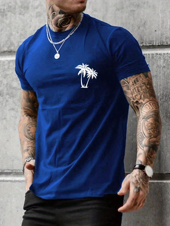 sketch style palm tree pattern top casual mid stretch short sleeve crew neck graphic t shirt mens tee for summer outdoor details 3