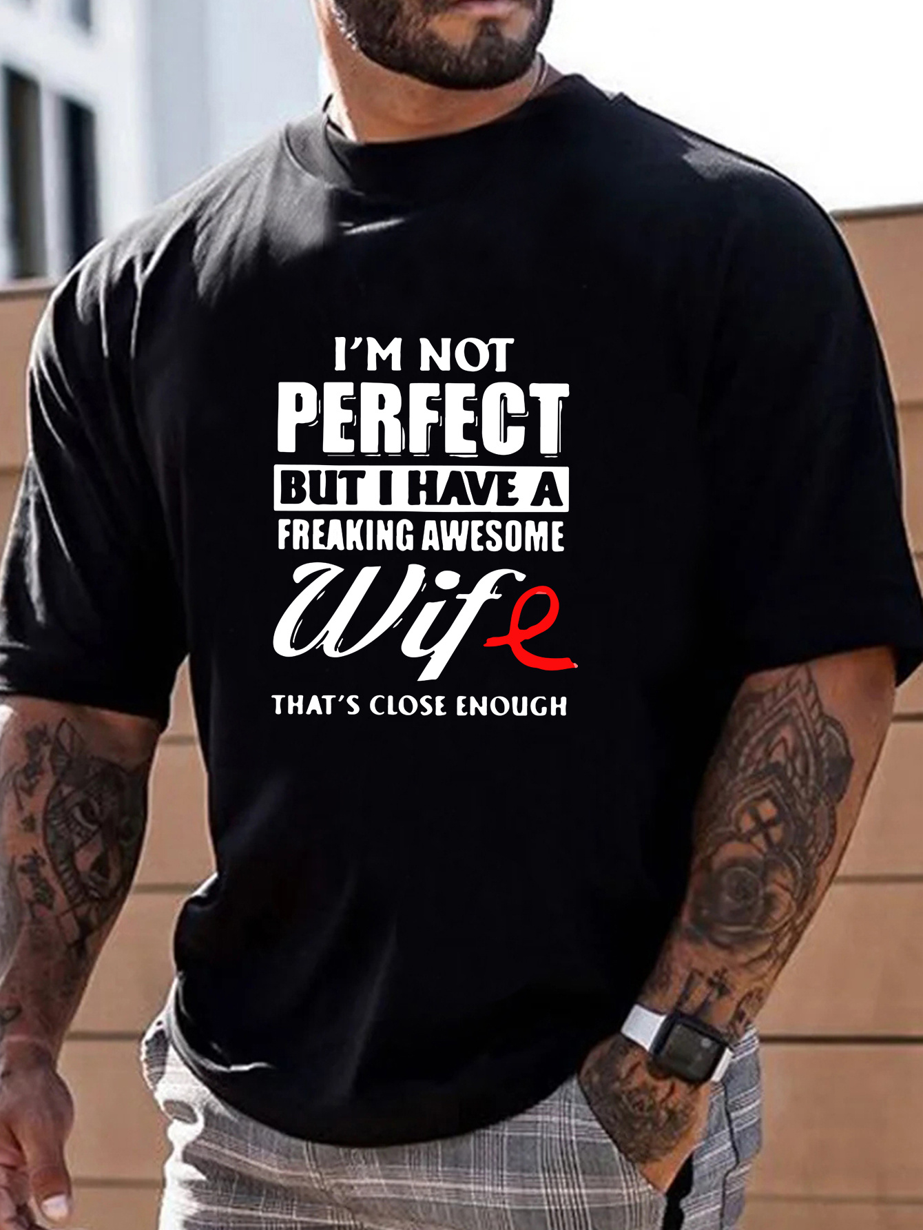 im not perfect but my wife is awesome print mens graphic design crew neck t shirt casual comfy tees tshirts for summer mens clothing tops for daily vacation resorts as gifts for husband boyfriend details 0