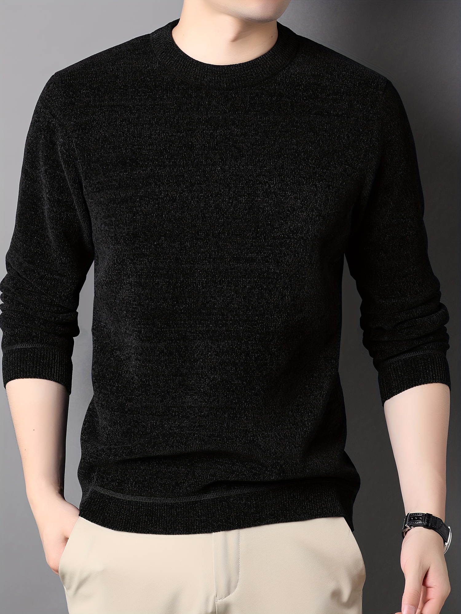 mens stylish solid knitted pullover casual high stretch breathable long sleeve crew neck top for city walk street hanging outdoor activities details 4