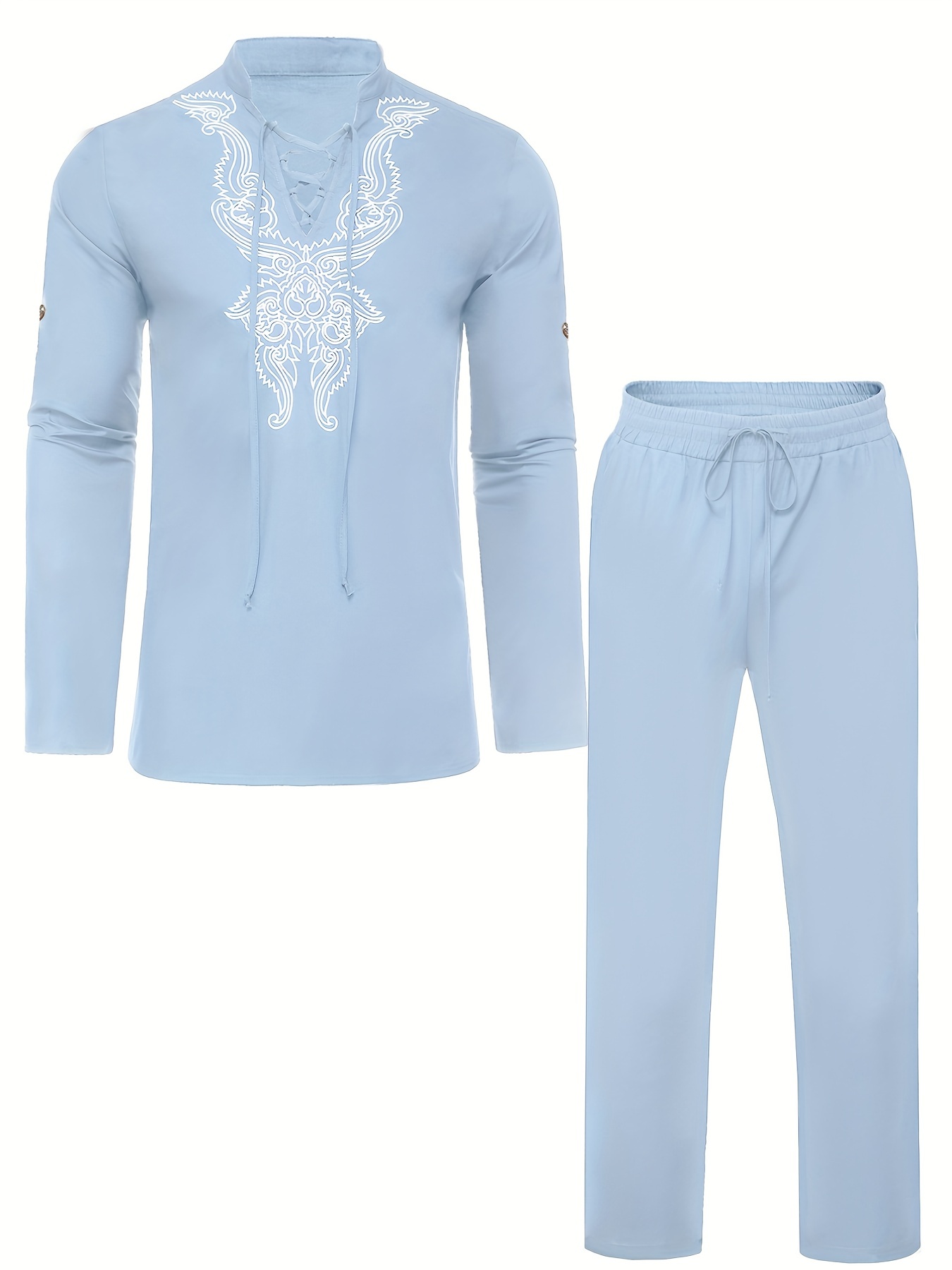 cotton boho style pattern embroidery mens 2 pieces outfits long sleeve lace up shirt and drawstring solid trousers set details 17