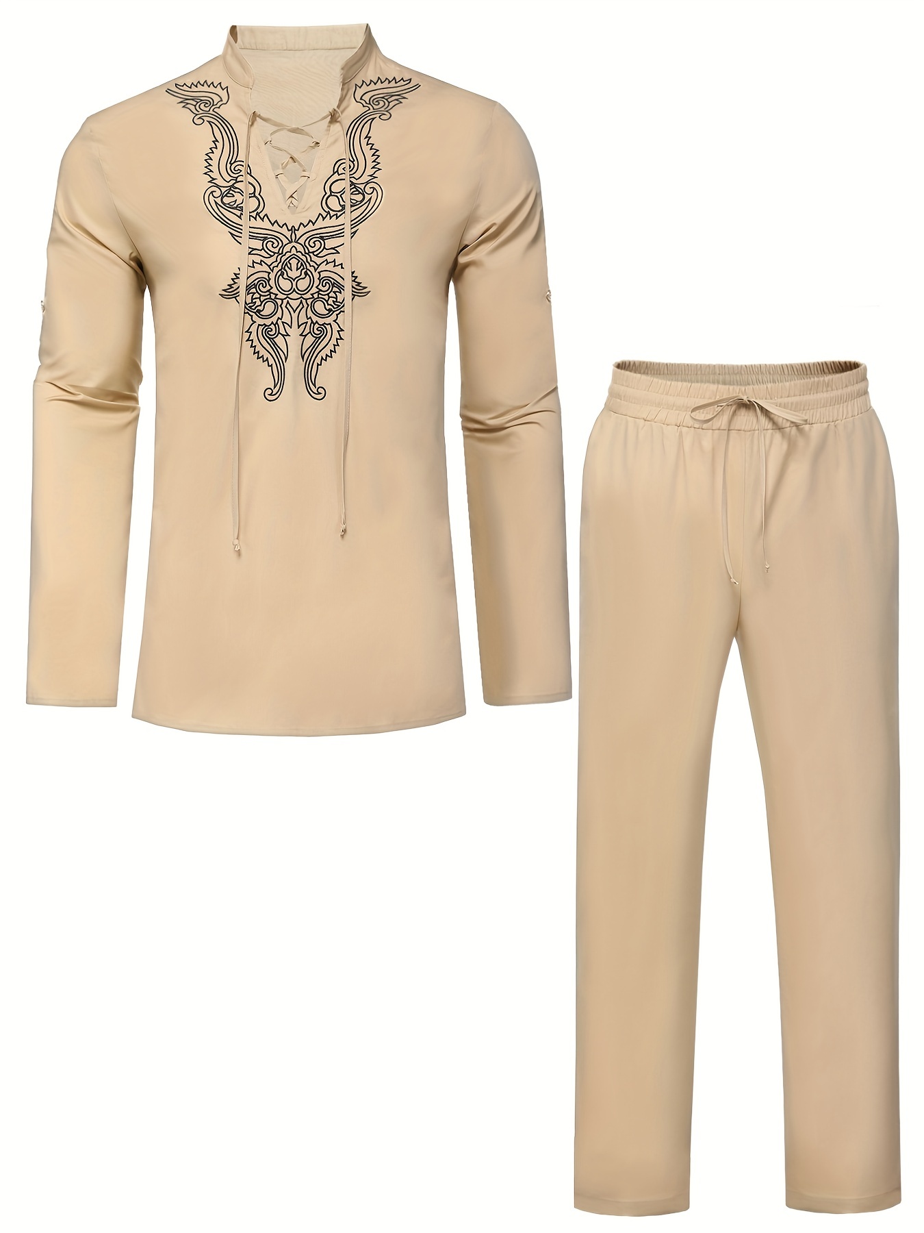 cotton boho style pattern embroidery mens 2 pieces outfits long sleeve lace up shirt and drawstring solid trousers set details 29