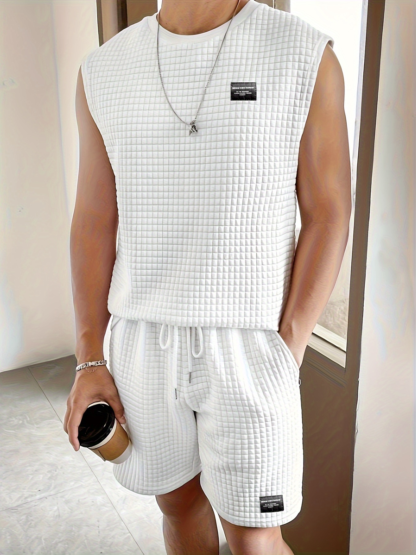 mens 2 piece outfits waffle pattern casual graphic tanktop and loose drawstring shorts set mens clothing details 14