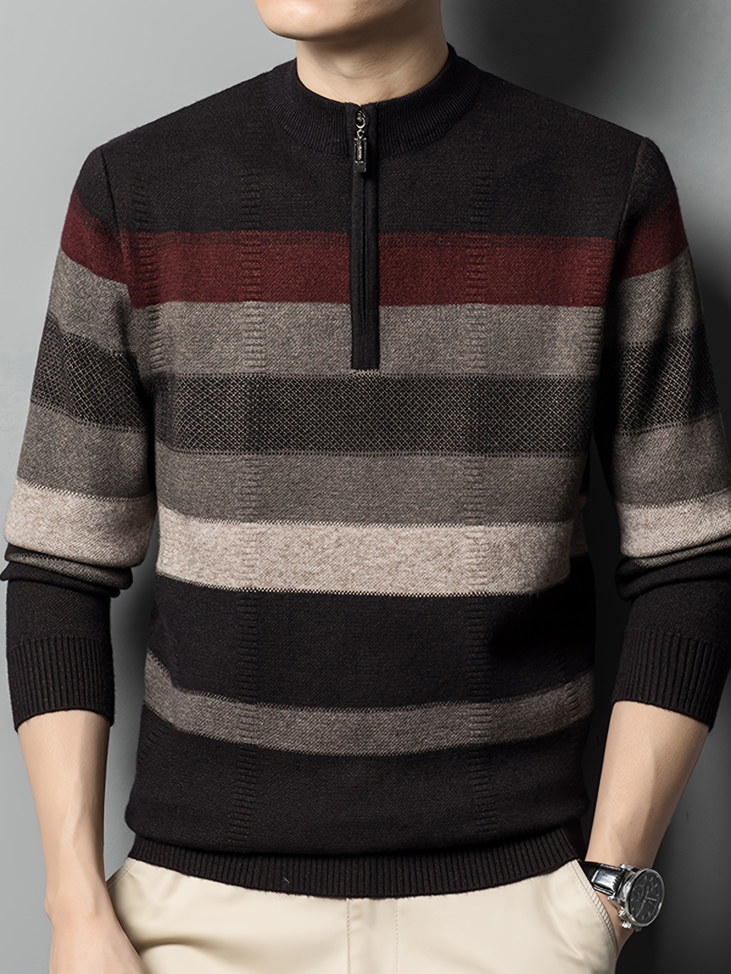 all match knitted striped sweater mens casual warm high stretch half zipper pullover sweater for men fall winter details 3