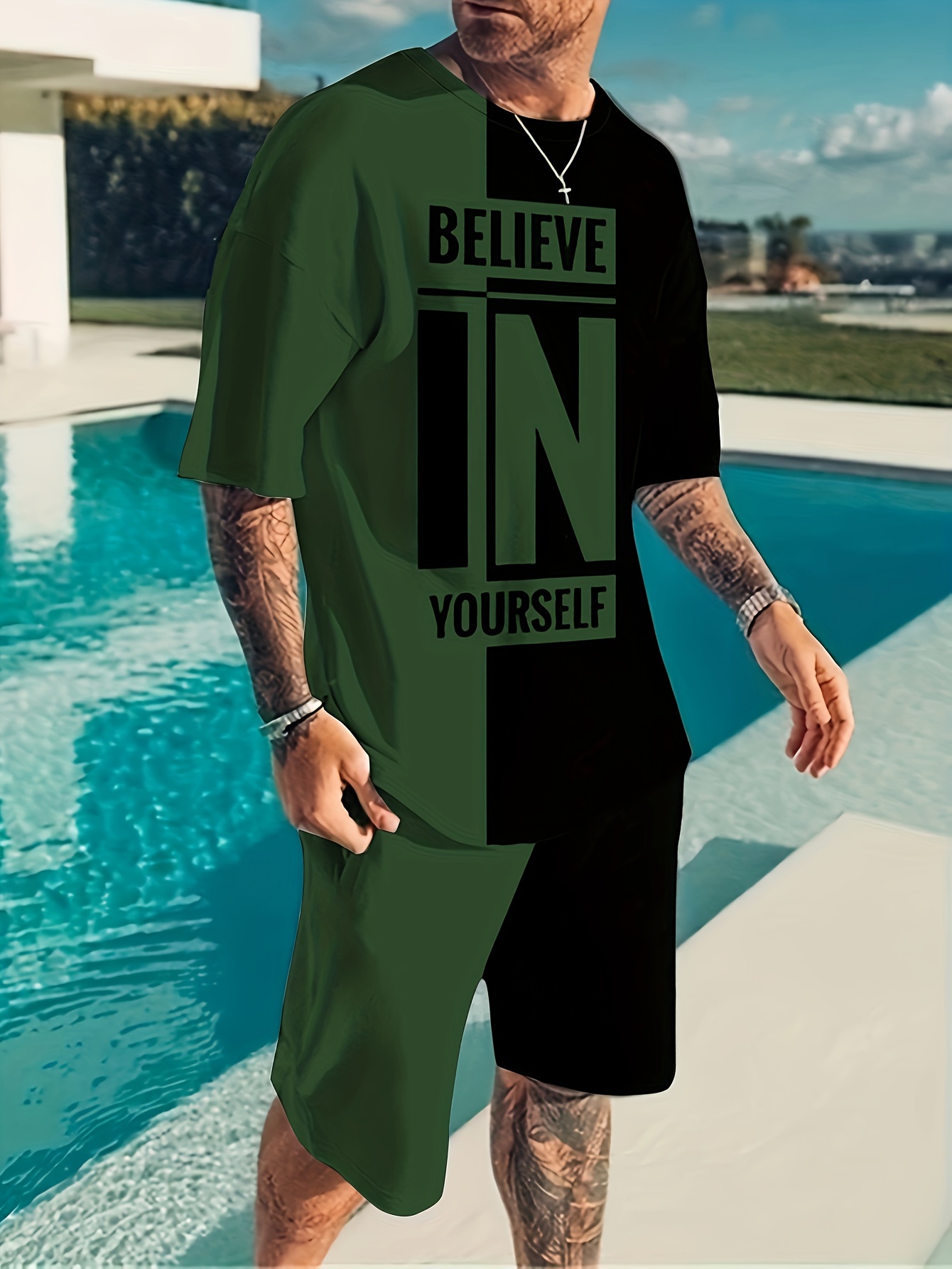 believe in yourself print mens 2pcs outfits casual crew neck short sleeve t shirt and drawstring shorts set for summer mens clothing details 3