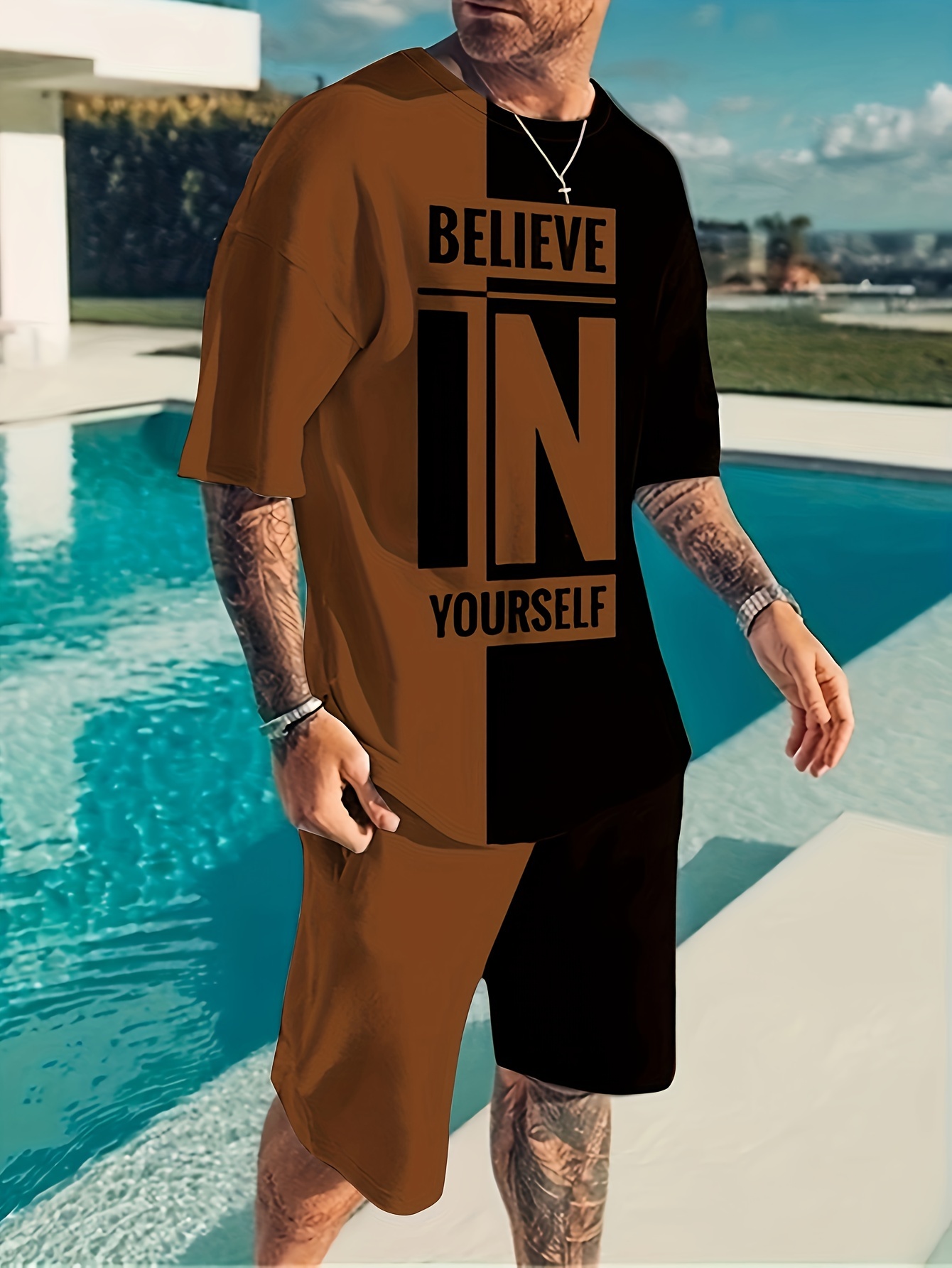 believe in yourself print mens 2pcs outfits casual crew neck short sleeve t shirt and drawstring shorts set for summer mens clothing details 15