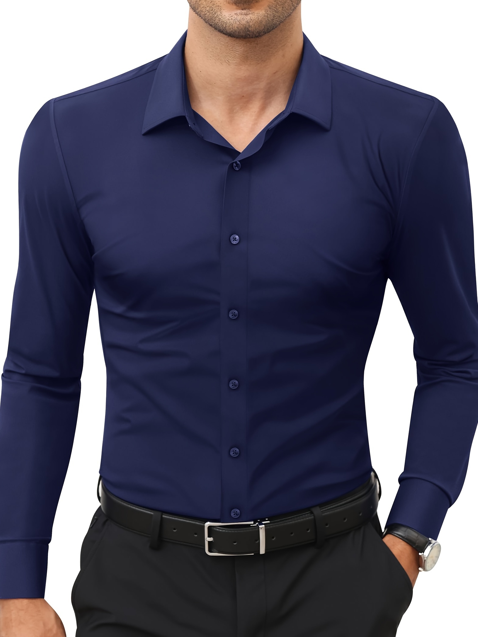 basic solid mens daily stretch formal dress mens slim fit long sleeve button up shirt spring fall details 5