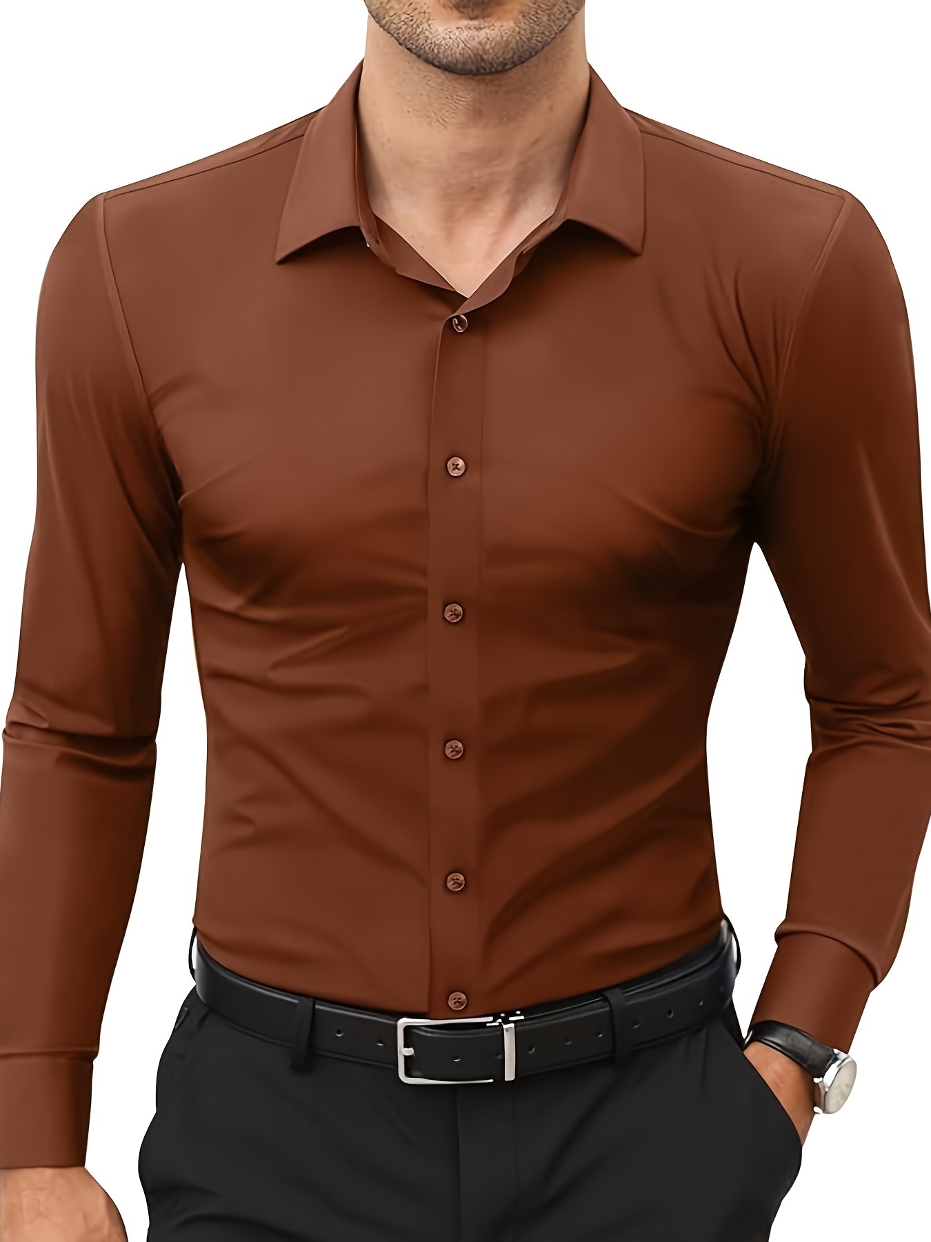 basic solid mens daily stretch formal dress mens slim fit long sleeve button up shirt spring fall details 20