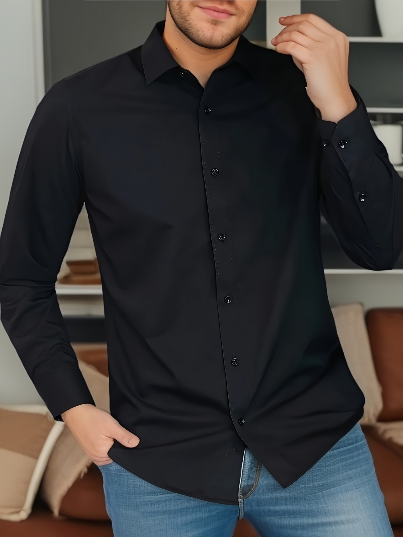 mens stylish solid shirt casual breathable lapel button up short sleeve shirt top for business activities details 7