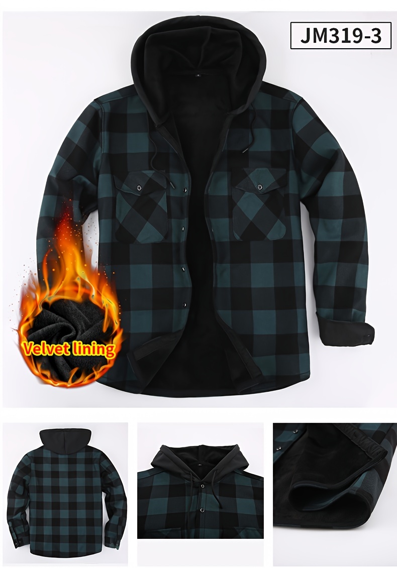 plaid pattern mens casual thick long sleeve hooded shirt with pockets mens button up shirt for fall winter details 7